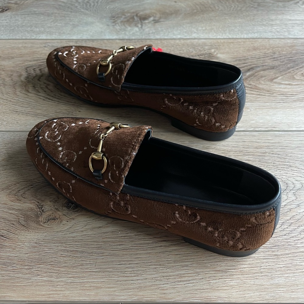 Gucci Women's Brown Jordaan GG Monogram Velvet Horsebit Loafer Shoes NEW - Picture 11 of 17